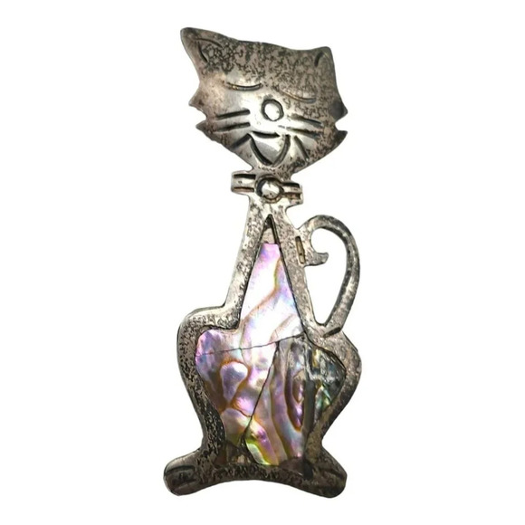 Abalone Shell Cat Sterling Silver Taxco Mexico Brooch Pin Vintage - Picture 4 of 4